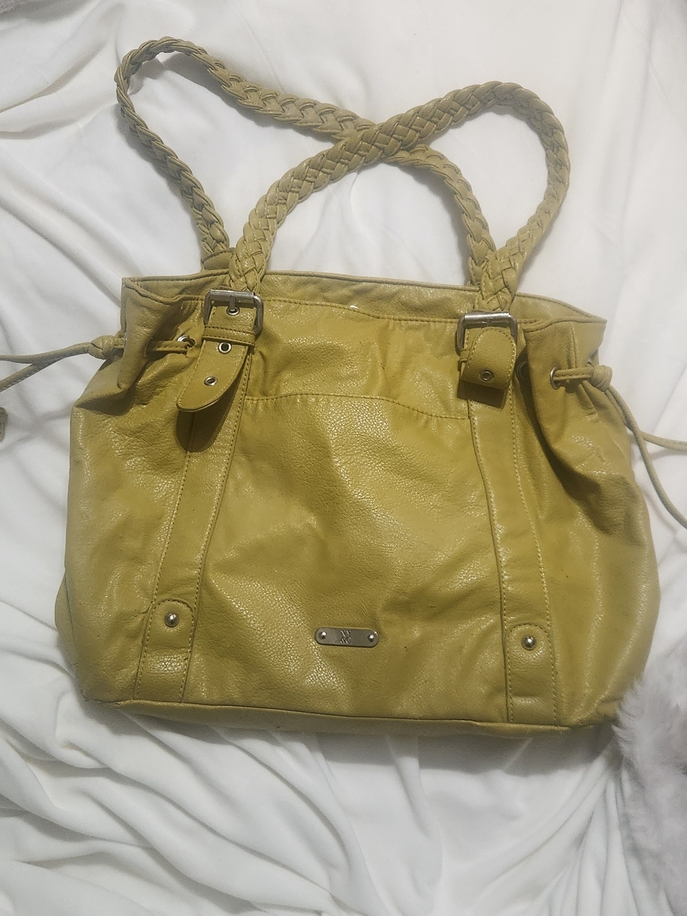 Vintage New York And Co Faux Leather Tote Bag in Olive Yellow